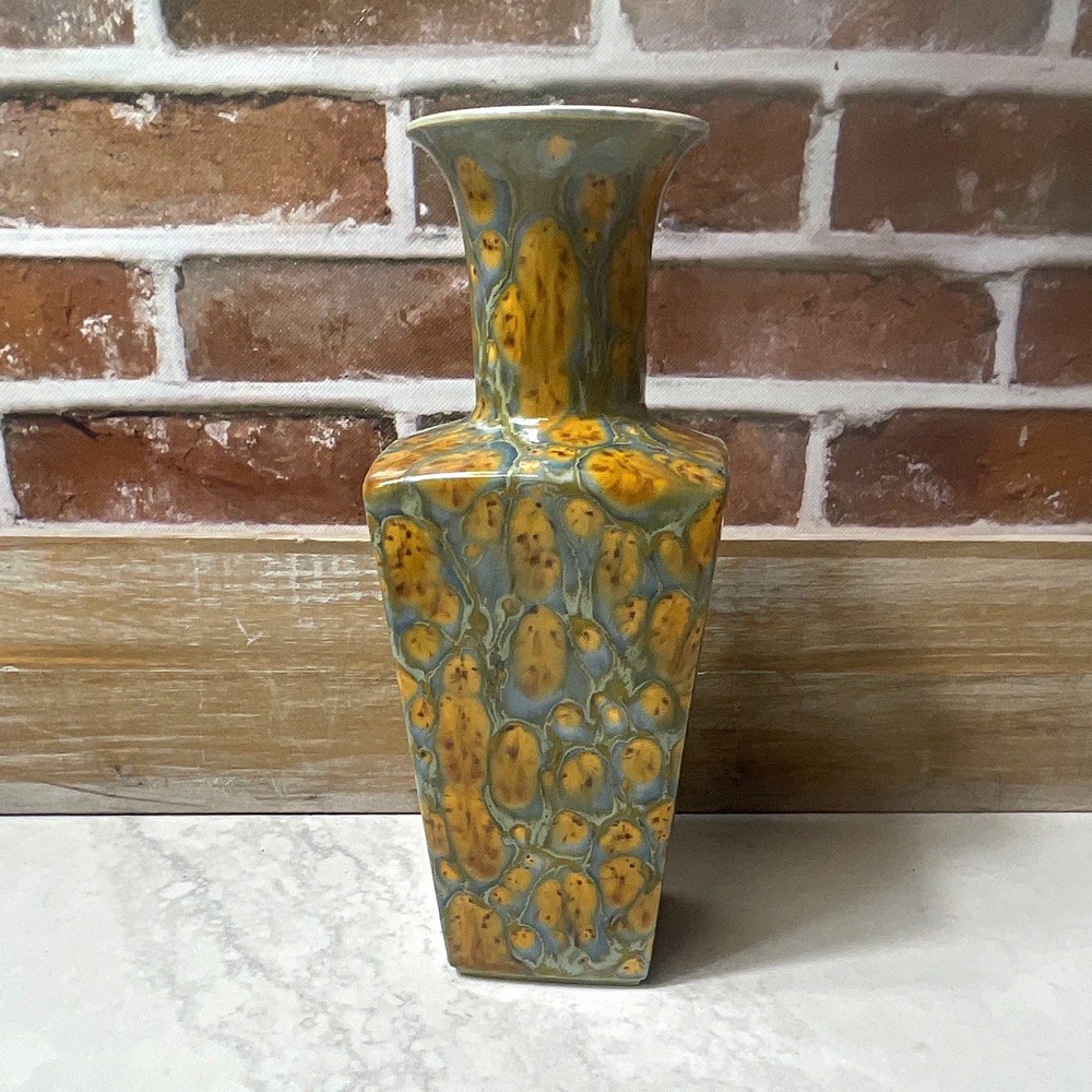Blue Brown Beige Abstract Glossy Glazed Ceramic Square Flower Vase 10.5" Decor